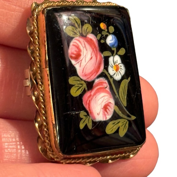 Antique Hand Painted Blue Flower Black Enamel Brooch Ornate Gold Lg Art Nouveau - Picture 5 of 9